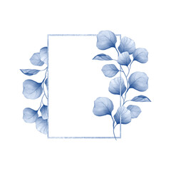 Blue restangle frame with leaves. Invitation, wedding or greeting cards