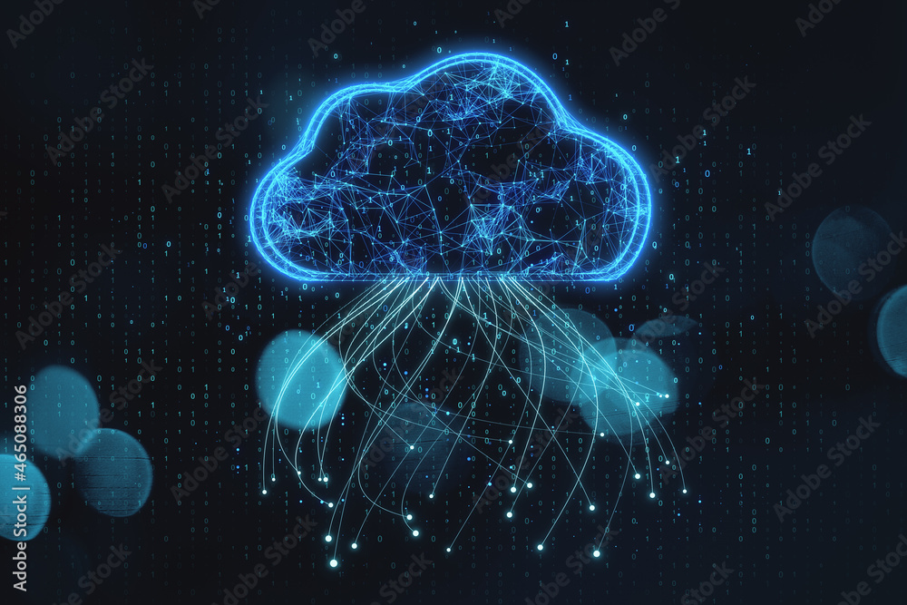 Leinwandbilder Abstract glowing blue digital cloud with binary code on dark blurry bokeh background. Computing and coding concept. 3D Rendering.