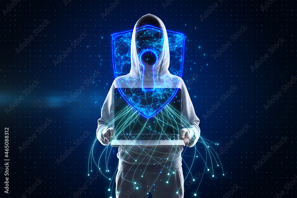Poster Hacker in hoodie holding laptop computer with glowing blue padlock hud on dark background. Safety, web security, malware and future concept.