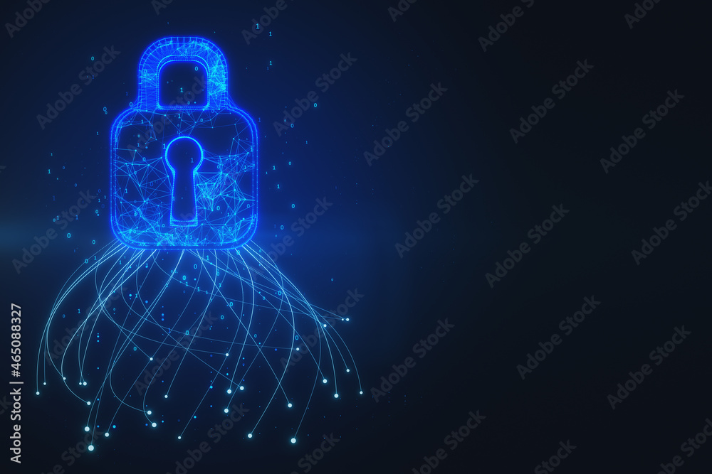 Leinwandbilder Close up of abstract glowing blue padlock hud on dark background with mock up place. Safety, web security and future concept. 3D Rendering.