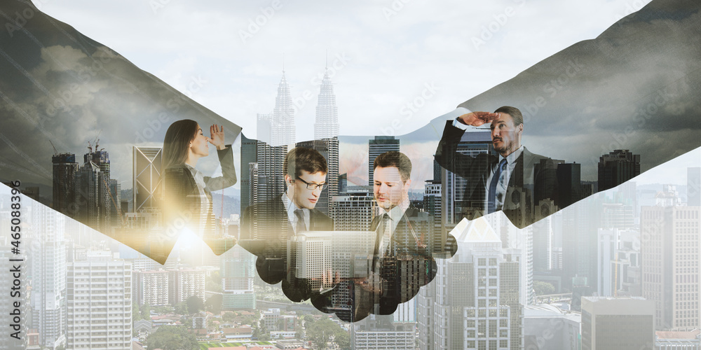 Poster abstract handshake with businesspeople working on bright city background. teamwork and cooperation c