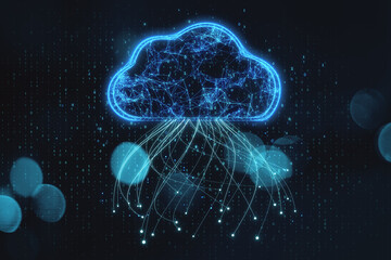 Naklejka premium Abstract glowing blue digital cloud with binary code on dark blurry bokeh background. Computing and coding concept. 3D Rendering.