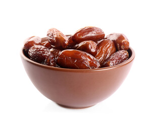 Sweet dried dates in bowl on white background