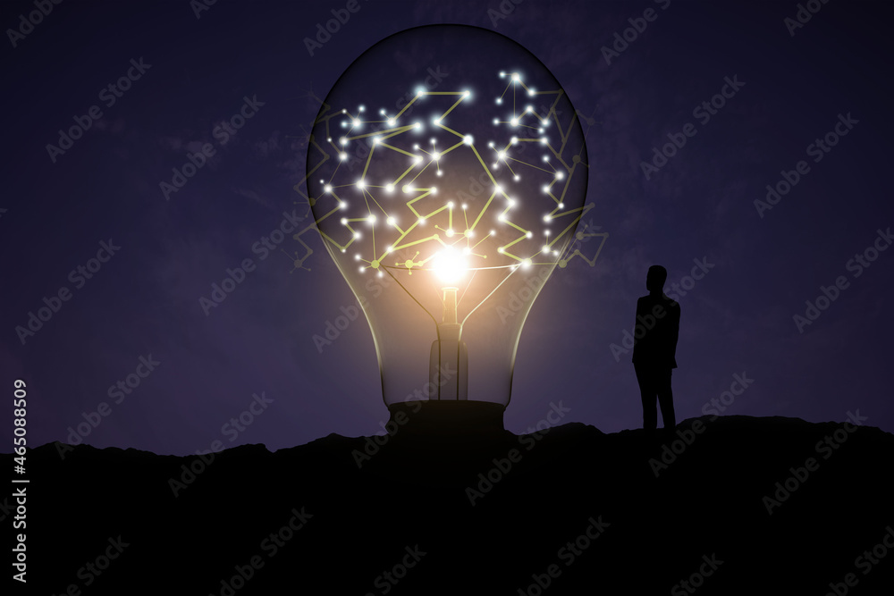 Poster back view of backlit businessman looking at creative glowing lamp with polygonal connections on nigh