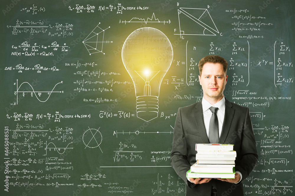 Poster attractive young european businessman holding books with abstract lamp sketch with mathematical form