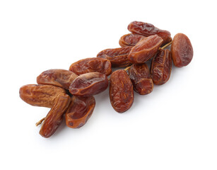 Sweet dates on branch against white background. Dried fruit as healthy snack