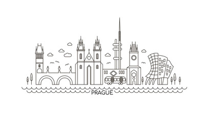 Prague lineart illustration. Prague, Czech line drawing. Modern style Prague city illustration. Hand sketched poster, banner, postcard, card template for travel company, T-shirt, shirt. Vector EPS 10