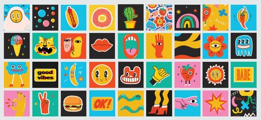 Big Set of Different colored Vector illustartion posters in Cartoon Flat design. Hand drawn Abstract shapes, funny Comic characters.