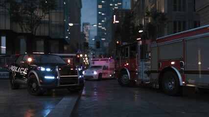 Emergency services at accident scene. Fire department, police and ambulance. 3d visualization