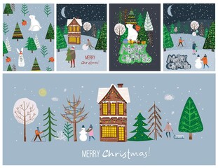 Vector hand drawing trendy abstract illustration of holiday cards of Merry Christmas and Happy New Year 2022 with christmas tree, winter forest, people and lettering.