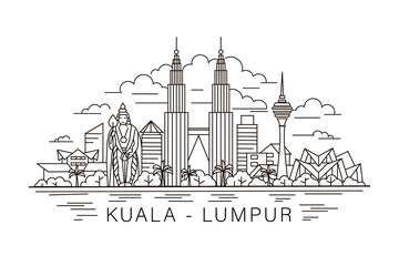 Kuala Lumpur lineart illustration. Kuala Lumpur holiday travel flat drawing. Modern line Kuala Lumpur illustration. Hand sketched poster, banner, postcard, card template for travel company, T-shirt