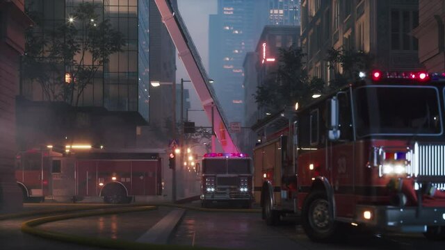 A fire trucks with flashing red lights. Fire trucks on the night street. Emergency fire truck rescue.  3d visualization