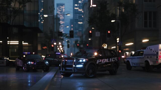 Police cars at the scene. Police patrol cars at scene of emergency. Shining flasher police car standing on the street in the city. 3d visualization