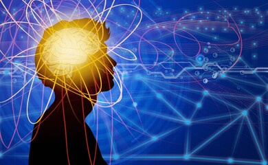 Genius Mindset. Portrait With Illuminated Brain Having Enlightenment Eureka Moment - obrazy, fototapety, plakaty
