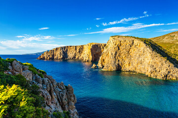Fototapeta na wymiar Cala Domestica beach, Sardinia, Italy. Sardinia is the second largest island in mediterranean sea. Sardinia, Cala Domestica beach, Italy. Beach Cala Domestica, Sardegna, Italy.