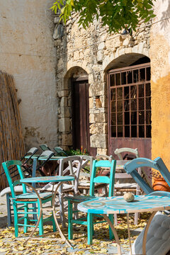 Closed and abandoned Taverna in the village Pitsidia in the south of Crete. Gastronomy is one of the main income of the local people. After season, the tavernas are closed