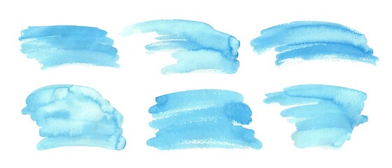Set of blue watercolor washses, abstract backgrounds, brush strokes. Decorative design elements, backdrop