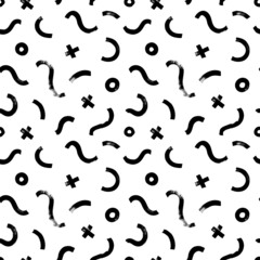 Hand drawn Memphis seamless pattern. Vector geometric pattern with crosses, wavy lines and circles. Fashion 80-90s. Black and white bold brush strokes, grunge geometric texture. Ink brush scribbles