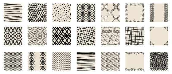 Set of hand drawn social media posts template, with boho and tribal patterns- Vector textures of Geometric doodle shapes of spots, dots, circles, strokes, stripes, lines. - good for posters and prints