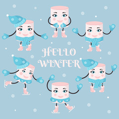 Christmas, New Year card with cute cartoon characters and inscription Hello winter. Cheerful marshmallows in winter clothes, figure skates, hat, mittens. Vector illustration