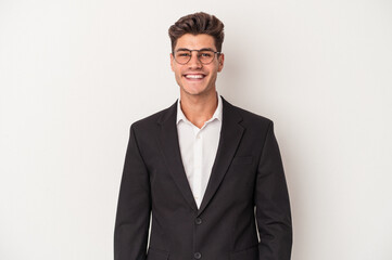 Young business caucasian man isolated on white background happy, smiling and cheerful.