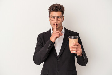 Young business caucasian man holding take away coffee isolated on white background keeping a secret or asking for silence.