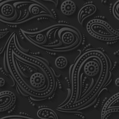 Black paisley 3d background. Seamless pattern for textiles, packaging, tiles, greeting card decoration. Vector illustration