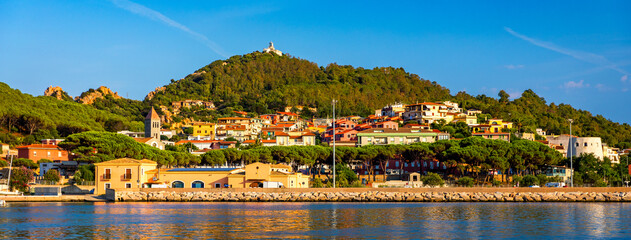 View of beautiful port in Arbatax harbor village, Sardinia, Italy, Sardegna. Panoramic view of Arbatax. Sardinia. Italy
