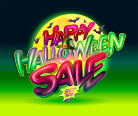 Happy halloween sale web banner vector mockup with shiny 3D lettering