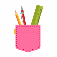 Pink pocket with pen and pencil. Vector illustration in cartoon children's style. Isolated funny clipart on a white background. Cute print.