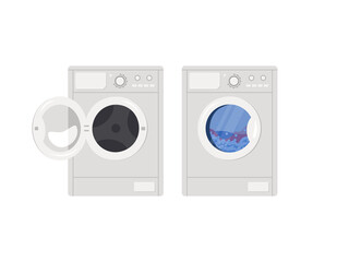 Washing machine icon is running and with open door. Front view of household appliances in bathroom. Vector flat illustration isolated on white background.