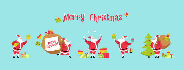 Christmas set Santa Claus in different poses, with a bag, gifts, Christmas tree, snowballs. Merry Christmas! Vector illustration in flat style.