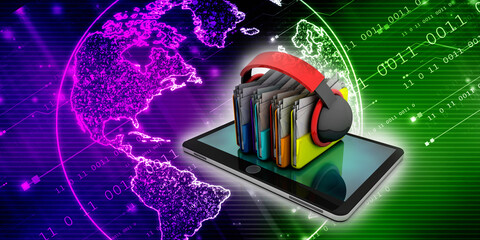 Fototapeta premium 3D illustration headphones connected folder network in mobile phone