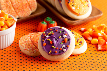 Halloween Snacks and Cookies with Candy Corn on Orange and Black Polkadot Tablecloth