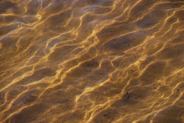 Transparent water in the river. Summer day clear water of light brown color from the sand at the bottom of the reservoir. The rays of the sun are reflected from the edges of the waves.