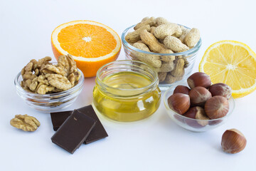 Close-up on food allergens on the white background. Food allergy concept.