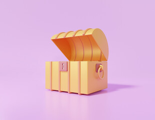 3D Chest golden icon on purple background. Open treasure box coffer concept. Cartoon minimal cute smooth. 3d rendering illustration