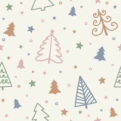Christmas pattern with hand drawn trees. Vector