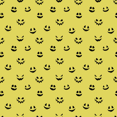 Funny Halloween texture with funny pumpkin face. Seamless pattern. Vector