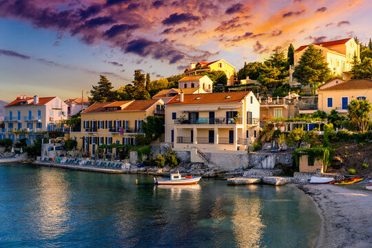 Fiskardo village, Kefalonia island, Greece. Fiscardo on the Island of Kefalonia in Greece. The holiday destination. Beautiful beach in Fiskardo, Kefalonia, Greece