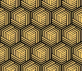 Behang Abstract geometrisch patroon met strepen, lijnen. Naadloze vectorachtergrond. Goud en zwart ornament. Eenvoudig rooster grafisch ontwerp © ELENA