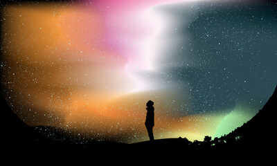 Aurora Borealis with silhouette of a person watching