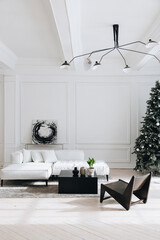 Interior of modern living room with christmas trees