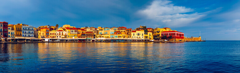 Fototapeta na wymiar View of old port of Chania. Landmarks of Crete island. Greece. Bay of Chania at sunny summer day, Crete Greece. View of the old port of Chania, Crete, Greece. The port of chania, or Hania.