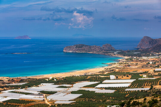Shot of beautiful turquoise beach Falasarna (Falassarna) in Crete, Greece. View of famous paradise sandy deep turquoise beach of Falasarna (Phalasarna) in North West, Crete island, Greece.