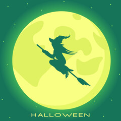 Witch flies on a broom against of full moon. Vector illustration. Witch silhouette on a broomstick. Flying witch icon.