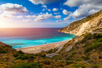 Fototapeta na wymiar Famous Myrtos beach from overlook, Kefalonia (Cephalonia), Greece. Myrtos beach, Kefalonia island, Greece. Beautiful view of Myrtos beach, Ionian Island, Kefalonia (Cephalonia), Greece.