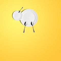 Greeting card with for restaurant or food brand. Sheep made of plates