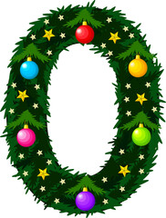 Digit 0. Design of the Christmas alphabet and numbers. Christmas tree with toys. Vector illustration on a white background.