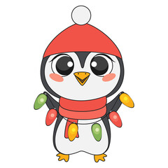 Cute christmas penguin in cartoon style. Vector illustration.